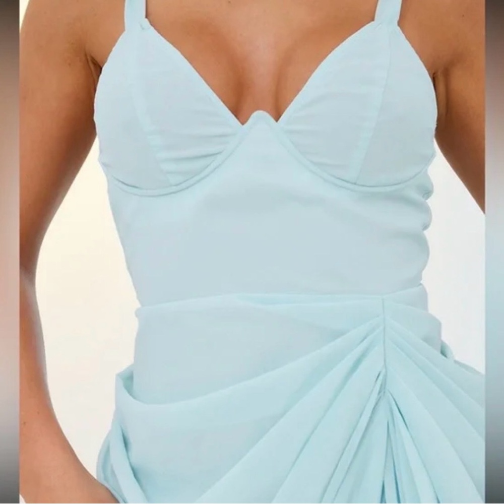 PLT Light Blue Ruched Bodycon Dress Size 10 Underwire Slit Date Night Going Out - Picture 2 of 10